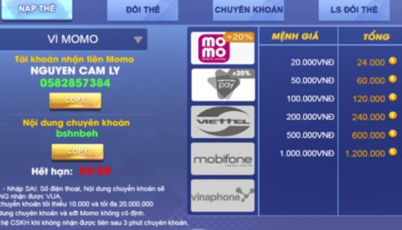 Vua Club - Cổng game được yêu thích nhất hiện nay 3 Cách thức nạp tiền vào Vua club